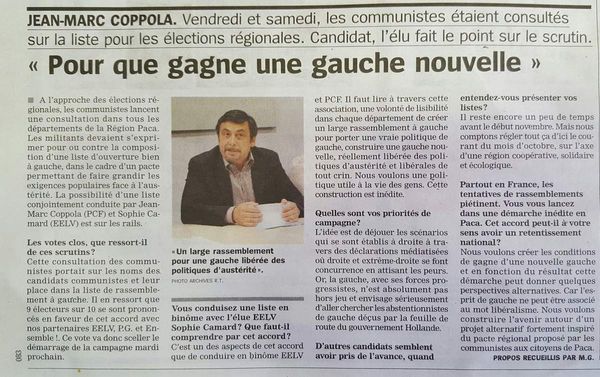 Binôme EELV (Sophie Camard)-PCF (Jean-Marc Coppola) en PACA pour construire une gauche nouvelle