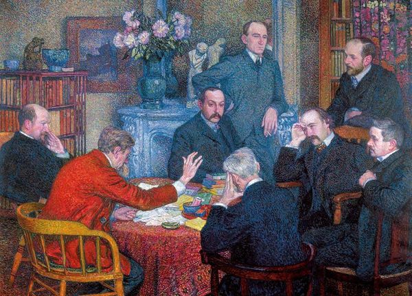 Théo van Rysselberghe : La lecture par Emile Verhaeren, de dos, veste rouge ; autour de lui ses amis André Gide, Henri Cross, Maurice Maeterlinck, Félix Fénéon etc.