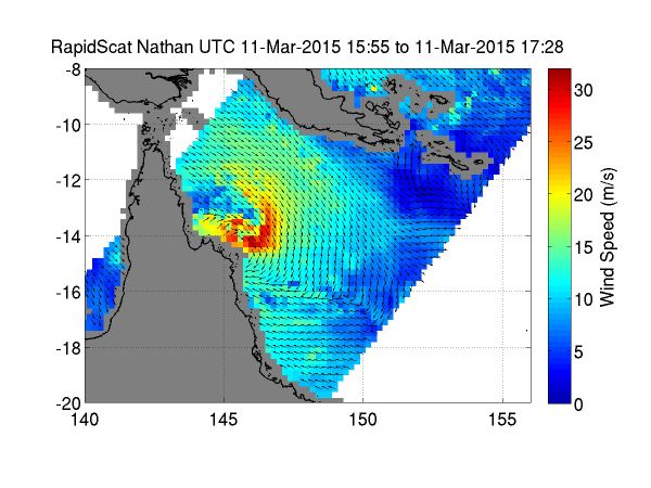 Aufnahme der Windgeschwindigkeiten von Nathan, in rot die über 68 km/h Quelle: NASA JPL, Doug Tyler