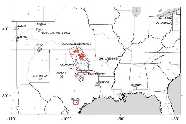 Zone mit verstärkter Erdbebenaktivität und Fraking Explorationegebiete in den Great Planes QUElle:USGS.gov