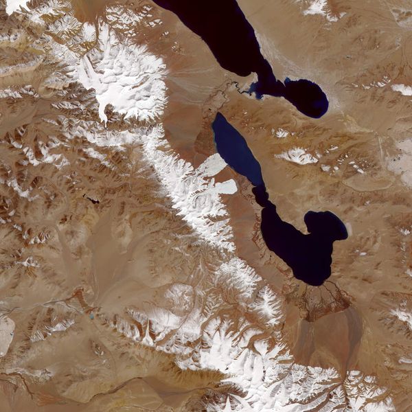 Die beiden Eislawinen im Aru Gebirge, am Aru Co Sees Quelle: NASA Earth Observatory
