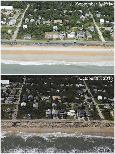 Bevor und Danach, bei Flagler Beach, FL schwemmte die Sturmflut eine 5,2 Meter hohe Sanddüne weg. Der Highway A1A brach teilweise ein. Quelle: Public Domain