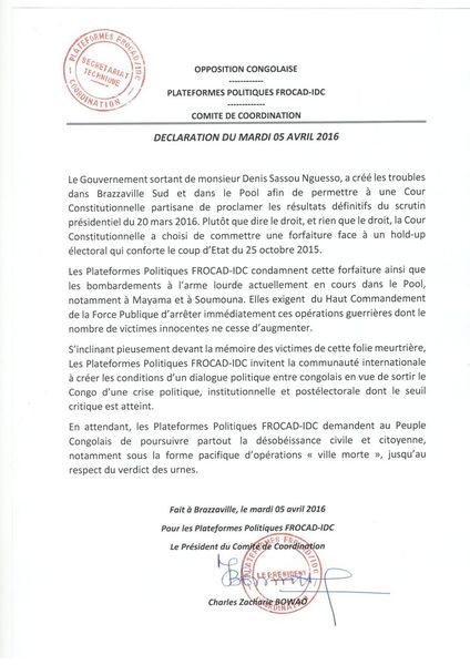 #Congo / Déclaration FROCAD-IDC, alors que #Sassou encercle les maisons de #Mokoko et #Bowao