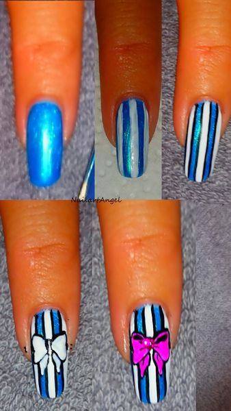 Tutoriel nail art nœud papillon et rayures (résultat très girly)