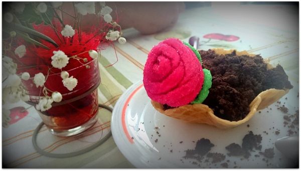 Maceta de chocolate y nata con flor de gominola