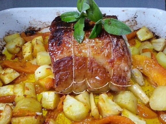 rôti porc farci légumes anciens
