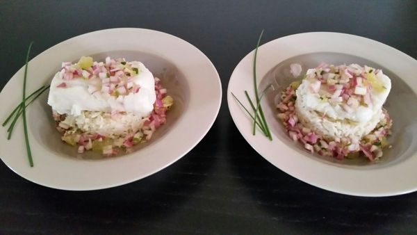 cabillaud poché à la citronnelle sauce vierge citron vert-gingembre