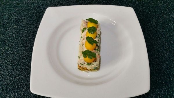 fondant exotique de crabe et gambas citronnés, noix de cajou et ses billes de mangue