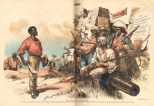 Le disfranchisement : un électeur noir se voit bloquer l’accès du bureau de vote par des membres du Ku Klux Klan, des crackers (Blancs pauvres) et des vétérans de l’armée confédérée.
