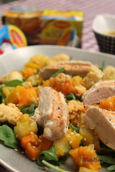 Salade de légumes poêlées au poulet et sa vinaigrette au coeur de bouillon