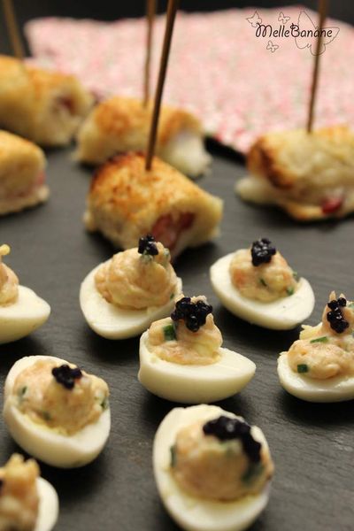 Oeufs de caille farcis à la truite et bouchée de canard au chèvre