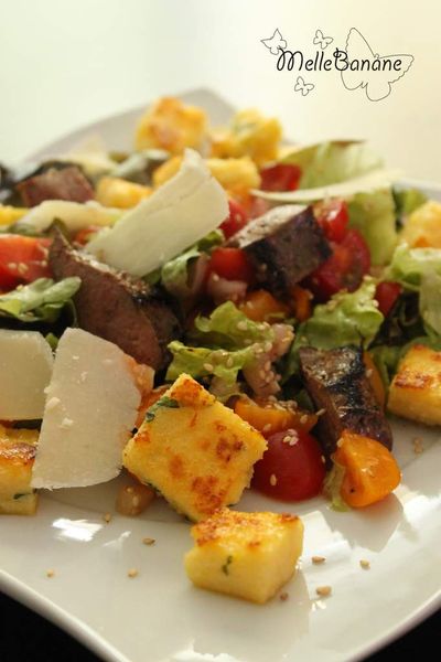 Salade de foie et polenta au basilic