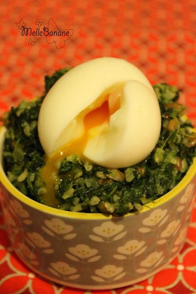 Riz complet, épeautre, quinoa aux épinards et son oeuf