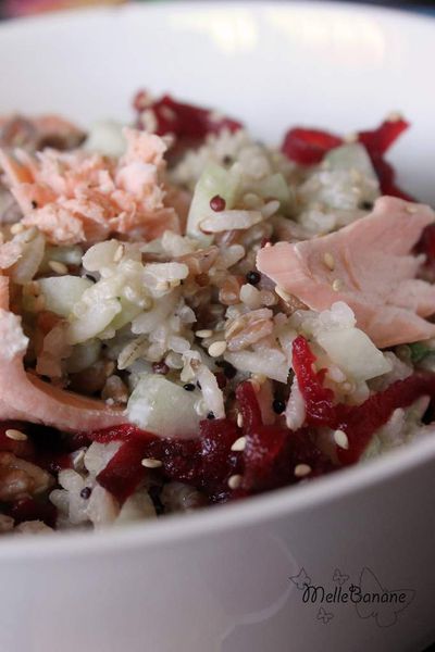 Salade riz, quinoa, épeautre et saumon