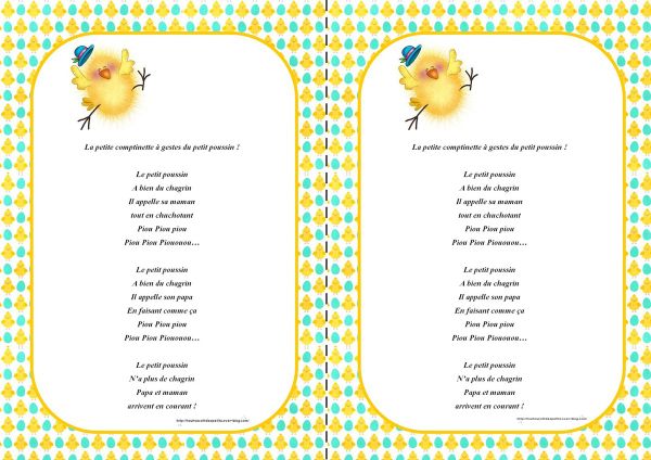 .. Pâques .. " comptinette a geste du petit poussin "