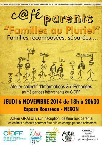 CAFE PARENTS "FAMILLES AU PLURIEL" - ce JEUDI 6 NOVEMBRE - 18h à 20h30 ESPACE ROUSSEAU - NEXON