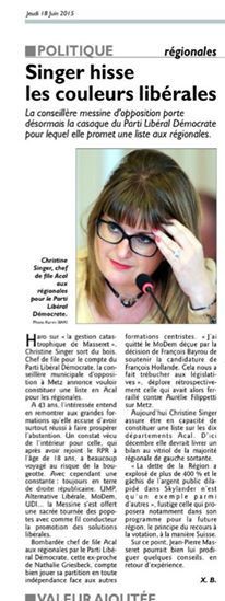 Républicain Lorrain du 18/06/2015 - Christine SINGER hisse les couleurs libérales