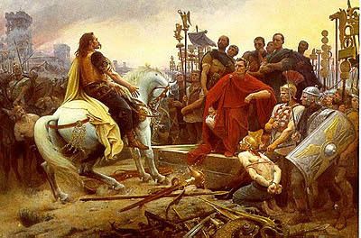Vercingétorix jette ses armes aux pieds de César (1899) : Huile sur toile (321cm / 482cm) de Lionel Royer, Musée Crozatier, Le Puy en Velay.