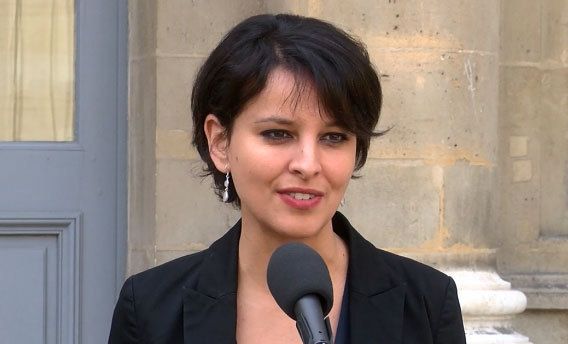 La ministre Najat Vallaud-Belkacem lors du point presse du 10 avril 2015 présentant la réforme du collège.