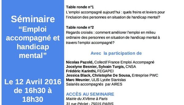 Séminaire "Emploi accompagné et Handicap mental" - 12 avril 2016