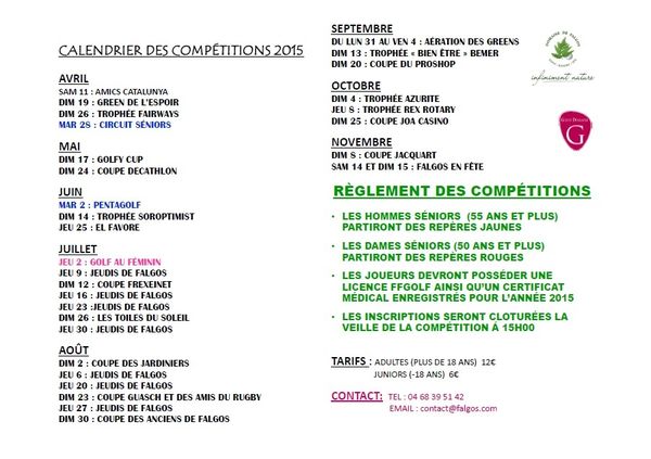 Calendrier Compétitions de Falgos 2015
