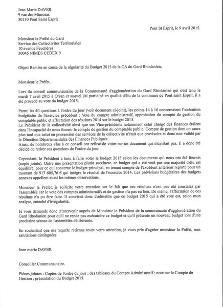 Lettre de Jean Marie Daver au Préfet du Gard