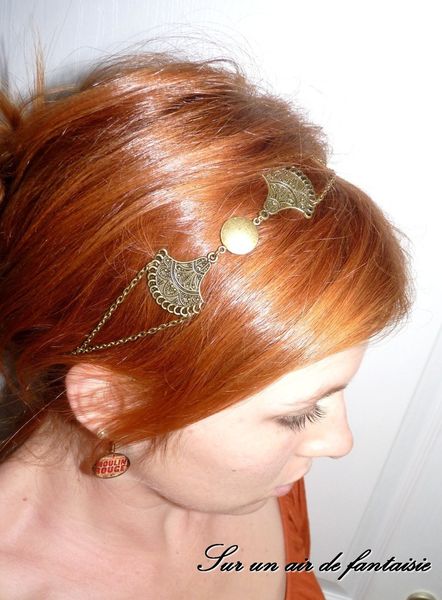 Head-band, accessoire pour cheveux, esprit ethnique, base en métal bronze.