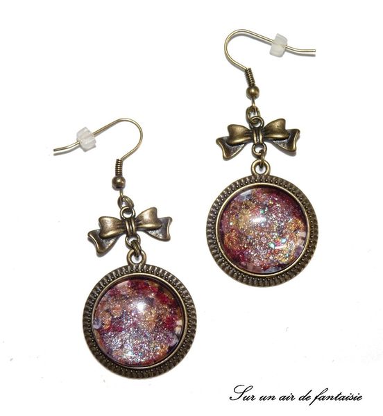 Boucles d'oreilles métal bronze, cabochon galaxy tons marron/doré, création unique !