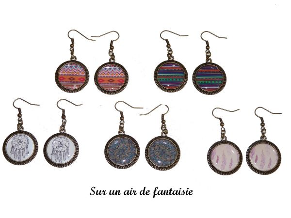Boucles d'oreilles ethnique, cabochon avec image, tendance.