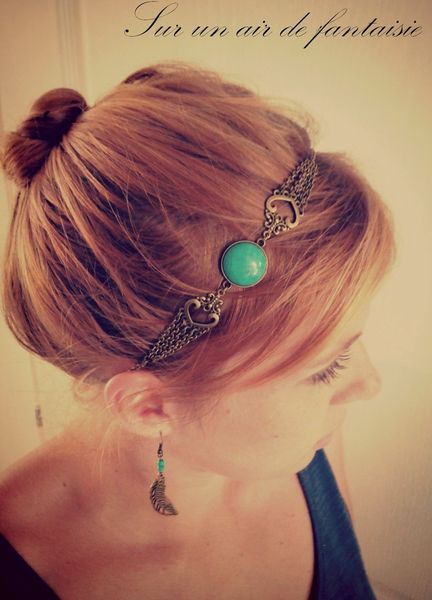 Head band bronze & turquoise, et boucles d'oreilles plumes.