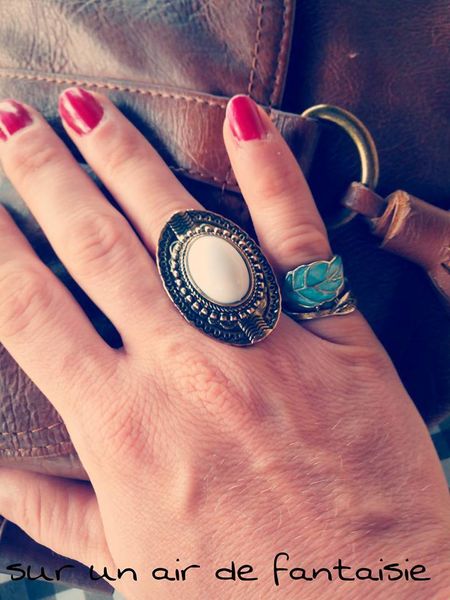 Bague oversize ethnique et bague auriculaire plume et turquoise