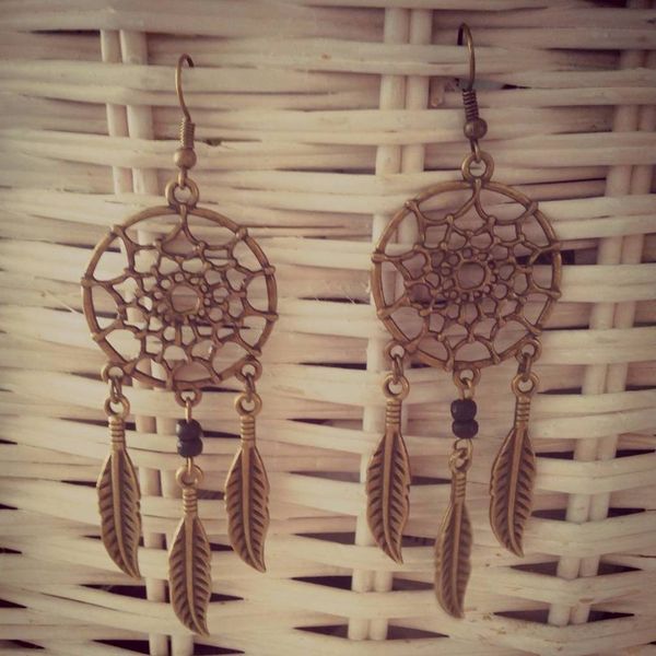 Boucles d'oreilles capteur de rêve bronze, dreamcatcher.