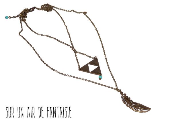 Double collier-sautoir, ethnique, plume sur métal bronze.