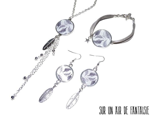 Parure cabochons 3 pièces, les "jolies petites plumes", métal argenté