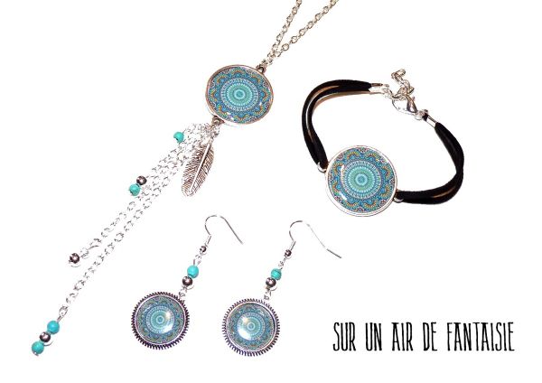 Parure 3 pièces, cabochons "mandala bleu", esprit ethnique, métal argenté