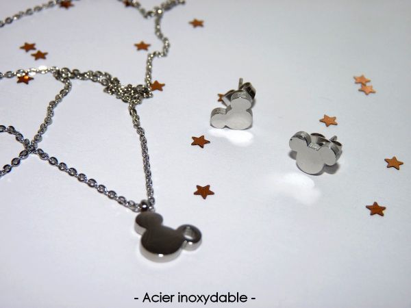 Parure thème Minnie, en acier inoxydable, collier + boucles d'oreilles