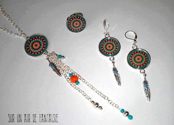Parure motif mandala, turquoise / orange, création unique.