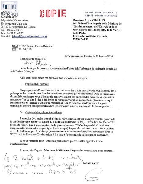 Train de nuit Briançon / Paris: lettre de J. Giraud au Gouvernement ...
