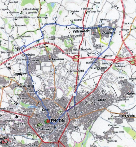 Parcours de la balade du 5 juin en bleu