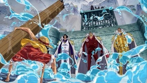 Luffy face aux trois amiraux lors de Marine Ford