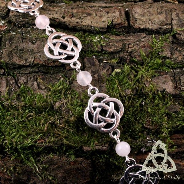 bijou bracelet celtique Fylenwe noeuds entrelacs pierre gemme quartz rose clair argenté elfique médiéval féerique païen wicca magie ésotérisme cadeau mariage noël