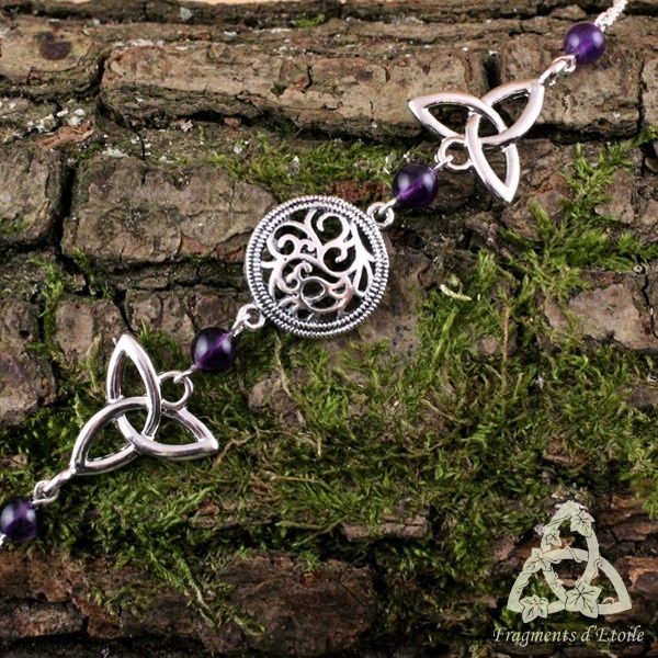 bijou tiare diadème couronne headband Lawynna Triquetra noeud celtique perle Améthyste violet foncé elfique féerique médiéval magie païen wicca mariage ésotérisme gn