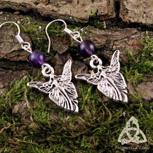 Boucles d'oreilles elfiques faerie fée améthyste argenté violet foncé médiéval païen wicca ésotérisme magie gothique ésotérisme