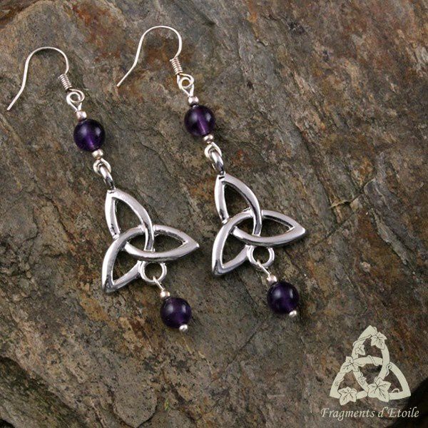 bijou boucles d'oreille elfique celtique médiéval triquetra Neryn argentée noeud celtique perles Améthystefoncé sombre pierre gemme fine païen wicca cadeau noël yule gothique