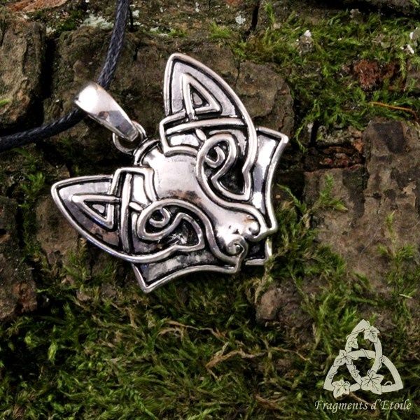 Collier Louernos Renard Celtique Tribal argenté cordon noir médiéval homme mixte entrelacs noeud elfique païen wicca viking