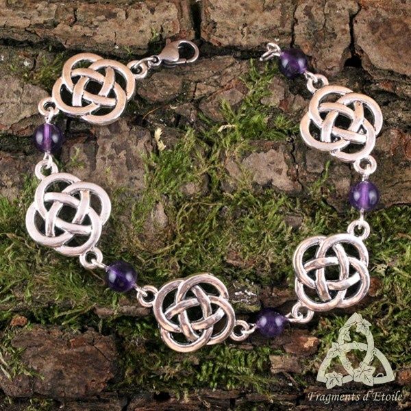 Bracelet Fylenwe noeud entrelacs ronds celtique elfique volutes argenté Améthyste violet médiéval païen wicca mariage féerique