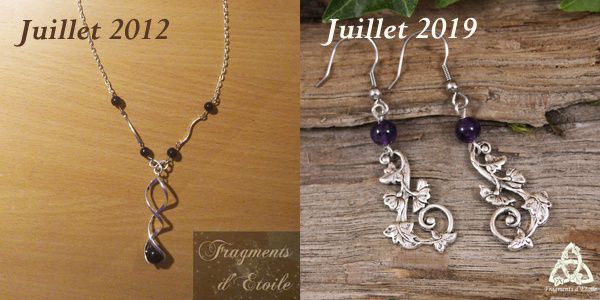 Evolution des photos des bijoux de l'atelier Fragments d'Etoile depuis le premier collier tourbillon en juillet 2012 et les boucles d'oreilles Melyn Irydwel en juillet 2019