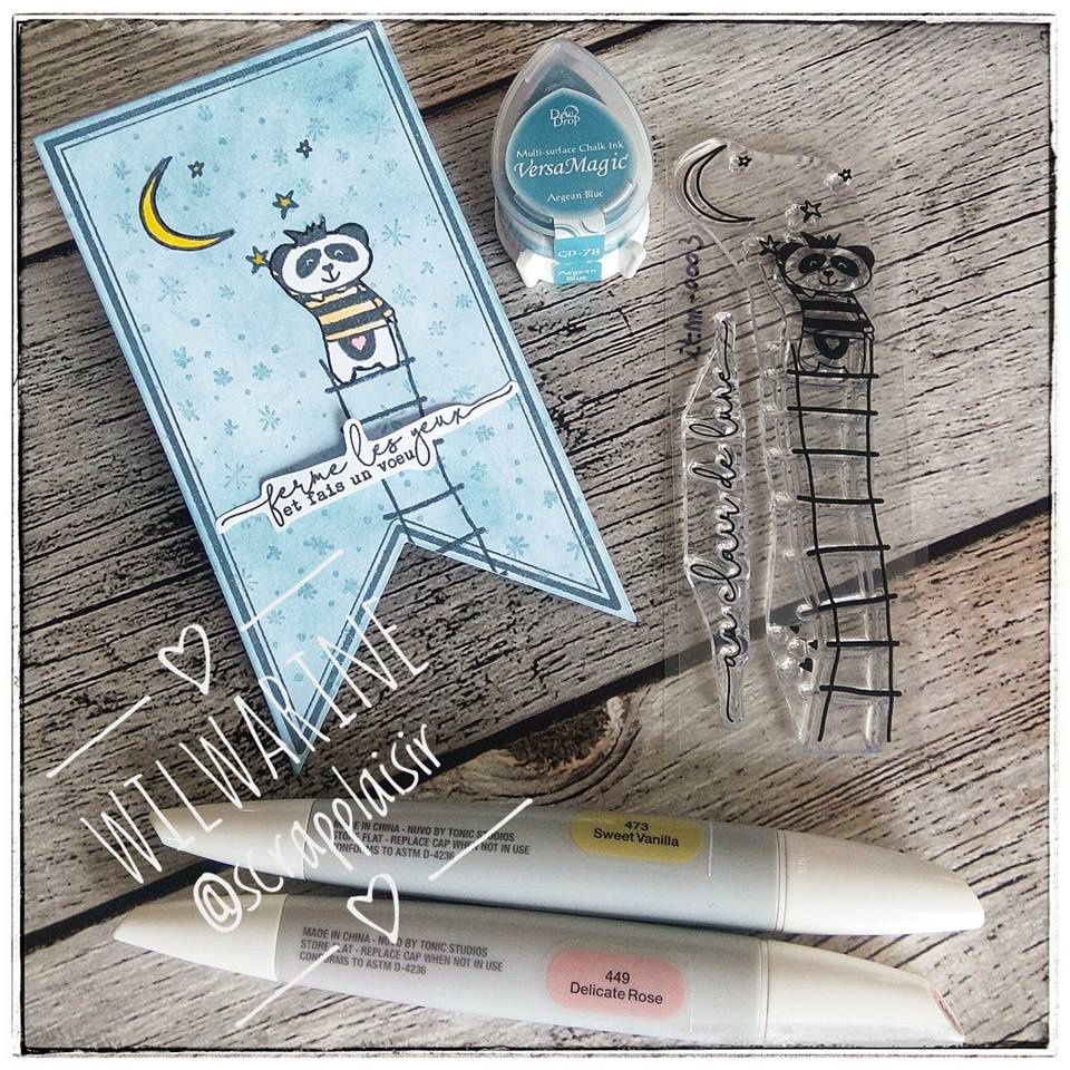 tampon, scrap plaisir, panda, bleu, étoiles, fanion, carte, scrapbooking