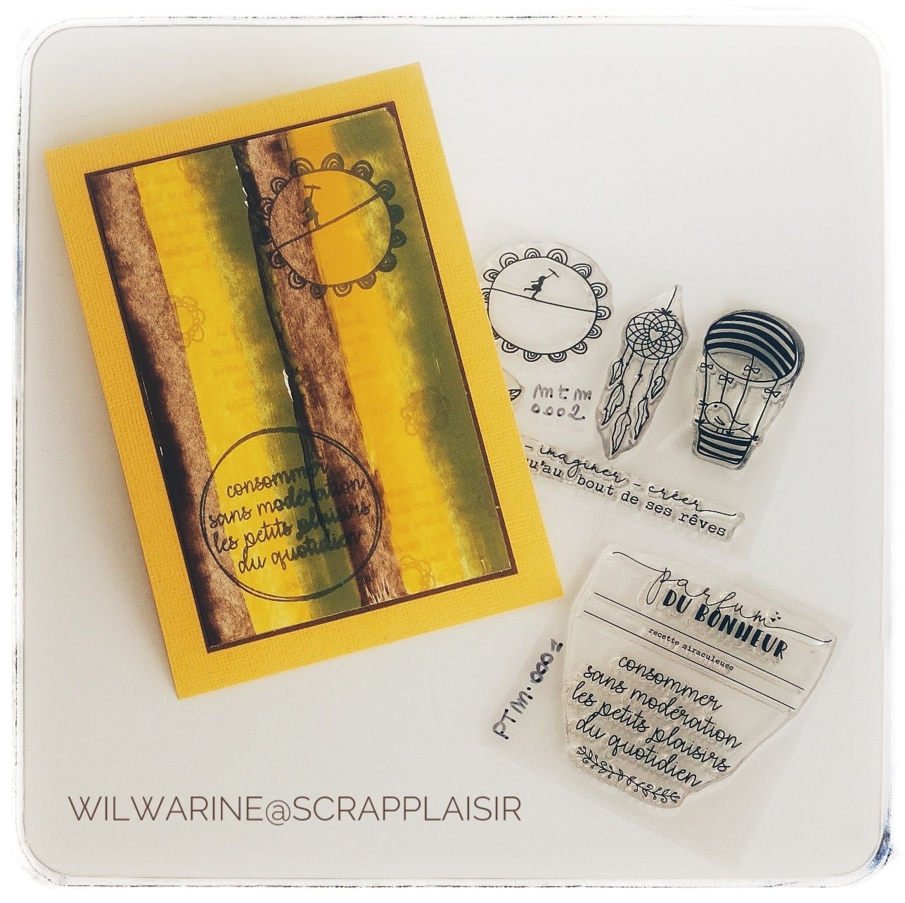 carte, scrap plaisir, acryliques, mémento, jaune, vert, brun,