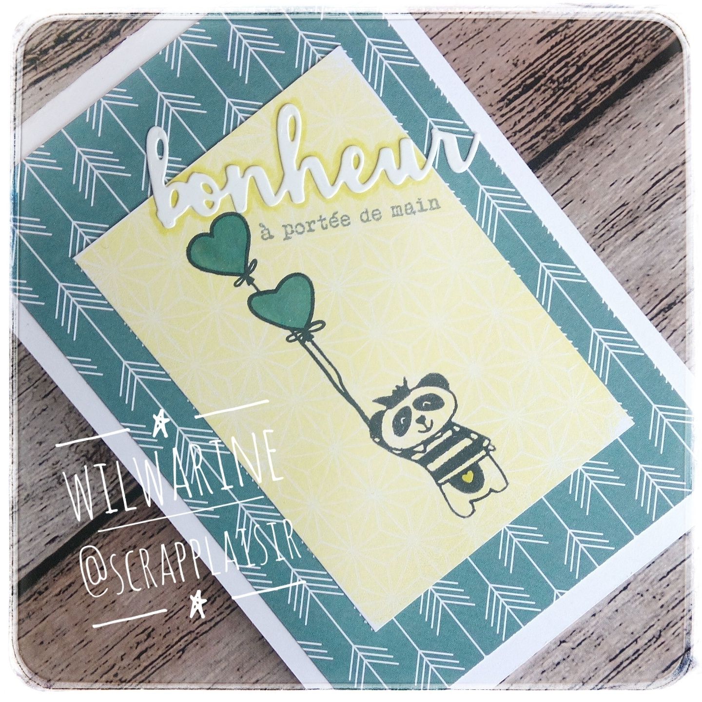 carte, bonheur, panda, coeurs, bleu, vert
